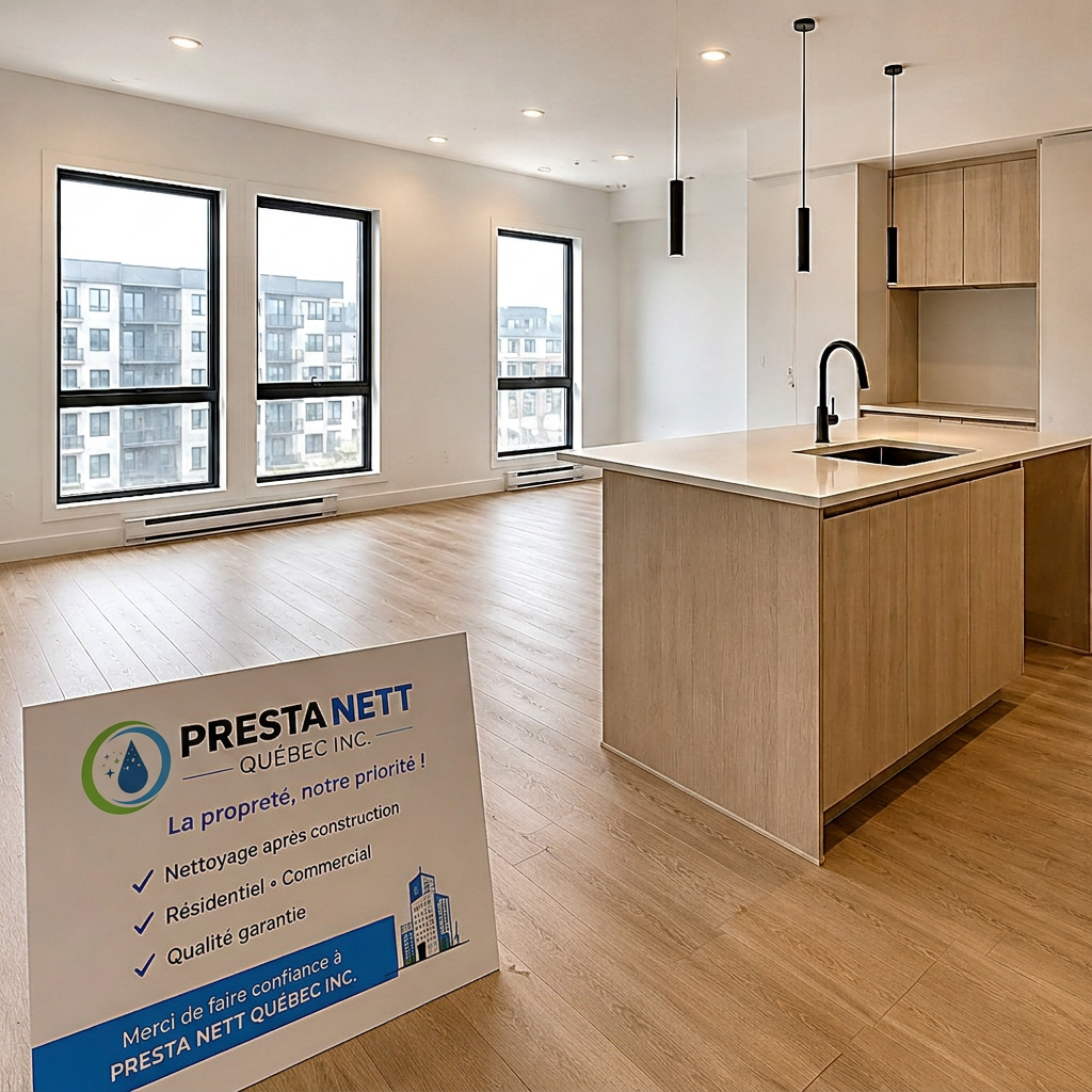 Logement neuf livré propre par Présta Nett Québec avec pancarte de l'entreprise dans la cuisine